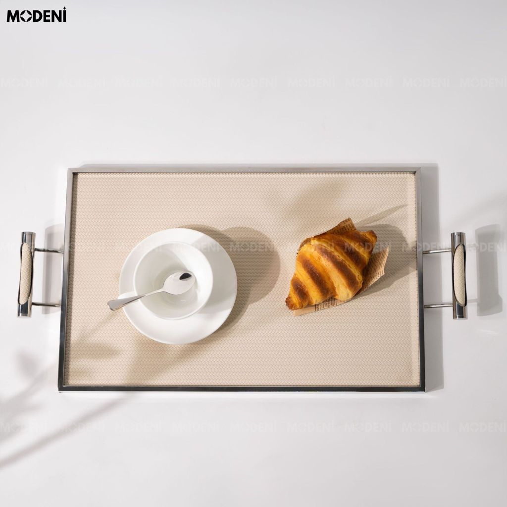 Khay Trang Trí Ivory Ellie Khung Hợp Kim Phối Da Màu Be Phong Cách Bắc Âu Elegance