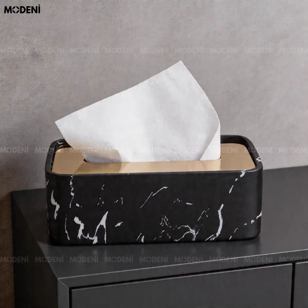 Hộp Khăn Giấy Nero Marquina Composite Vân Đá Đen Viền Vàng Sang Trọng