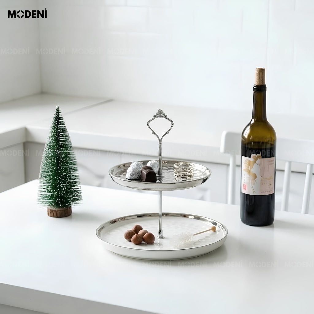 Khay 2 Tầng Ondine Sứ Tráng Men Phối Kim Loại Họa Tiết Vân Sóng Trắng Bạc Trưng Bày Bánh Ngọt Tiện Dụng Cho Tiệc Trà Chiều