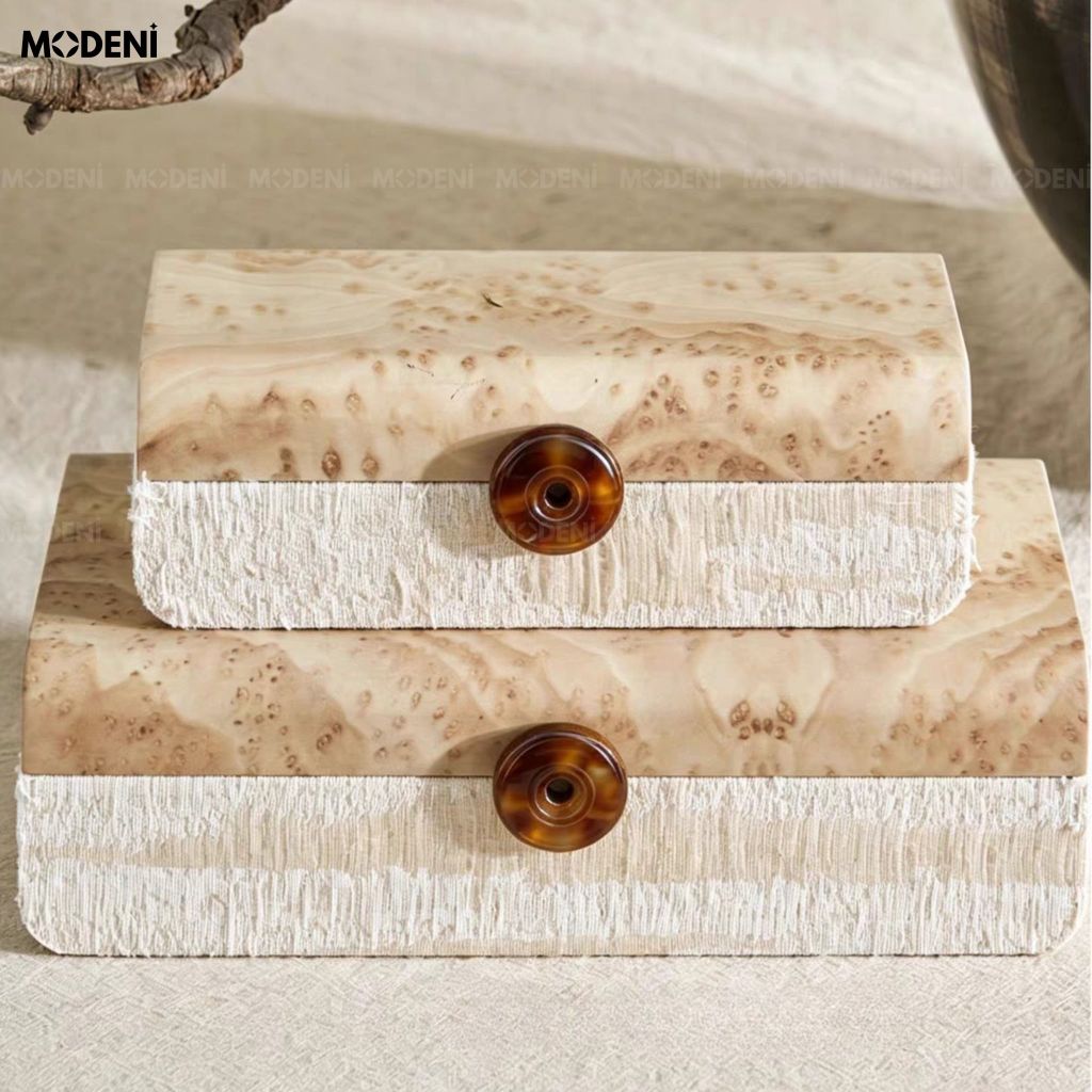 Set Hộp Trang Sức Sylva Gỗ Phối Vải Dệt Phong Cách Japandi Vân Gỗ Nu Sang Trọng Cho Bàn Trang Điểm