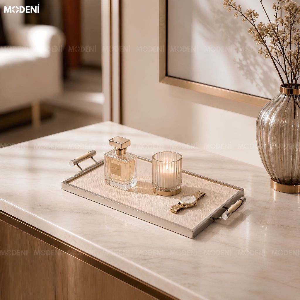 Khay Trang Trí Ivory Ellie Khung Hợp Kim Phối Da Màu Be Phong Cách Bắc Âu Elegance