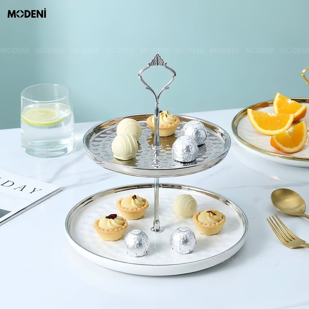 Khay 2 Tầng Ondine Sứ Tráng Men Phối Kim Loại Họa Tiết Vân Sóng Trắng Bạc Trưng Bày Bánh Ngọt Tiện Dụng Cho Tiệc Trà Chiều