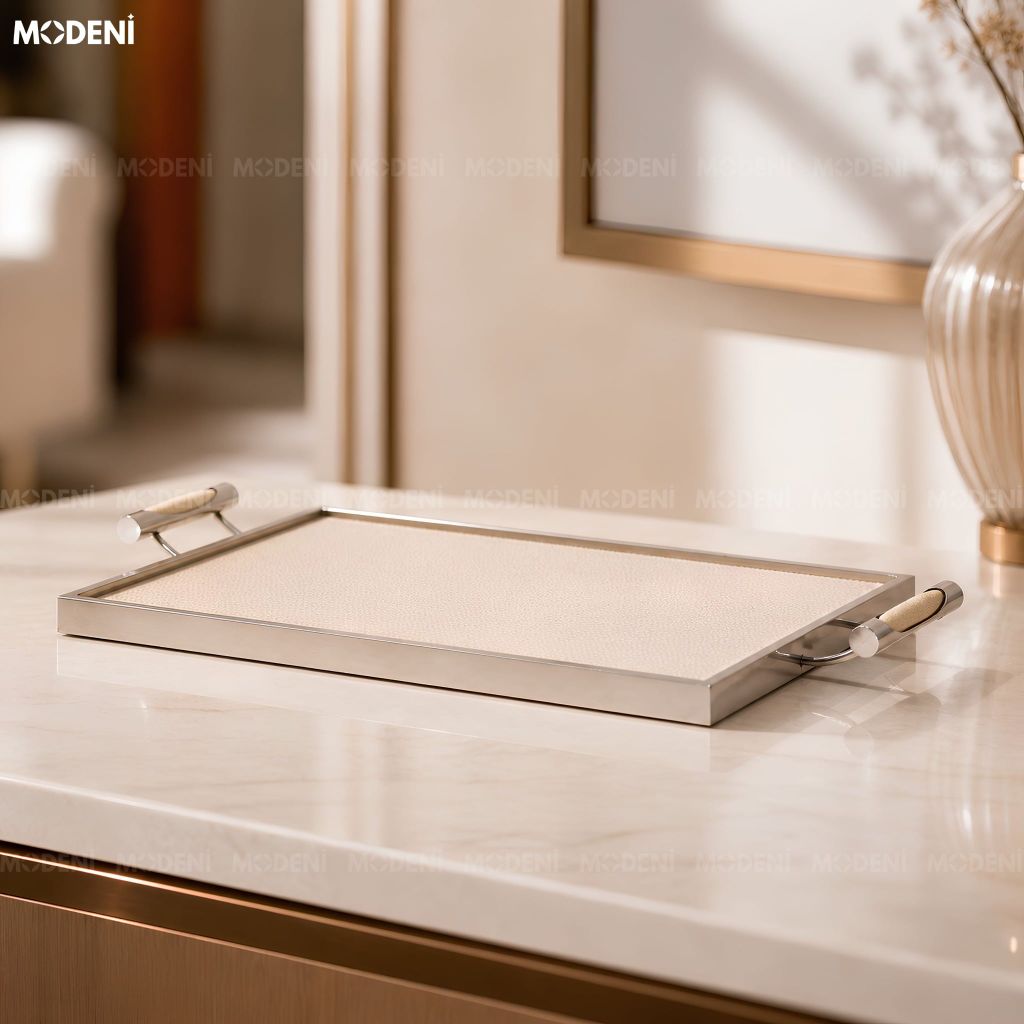 Khay Trang Trí Ivory Ellie Khung Hợp Kim Phối Da Màu Be Phong Cách Bắc Âu Elegance