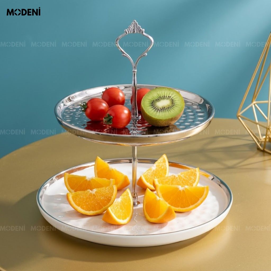 Khay 2 Tầng Ondine Sứ Tráng Men Phối Kim Loại Họa Tiết Vân Sóng Trắng Bạc Trưng Bày Bánh Ngọt Tiện Dụng Cho Tiệc Trà Chiều