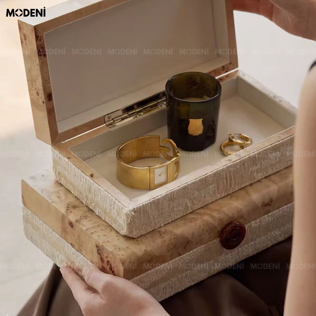 Set Hộp Trang Sức Sylva Gỗ Phối Vải Dệt Phong Cách Japandi Vân Gỗ Nu Sang Trọng Cho Bàn Trang Điểm