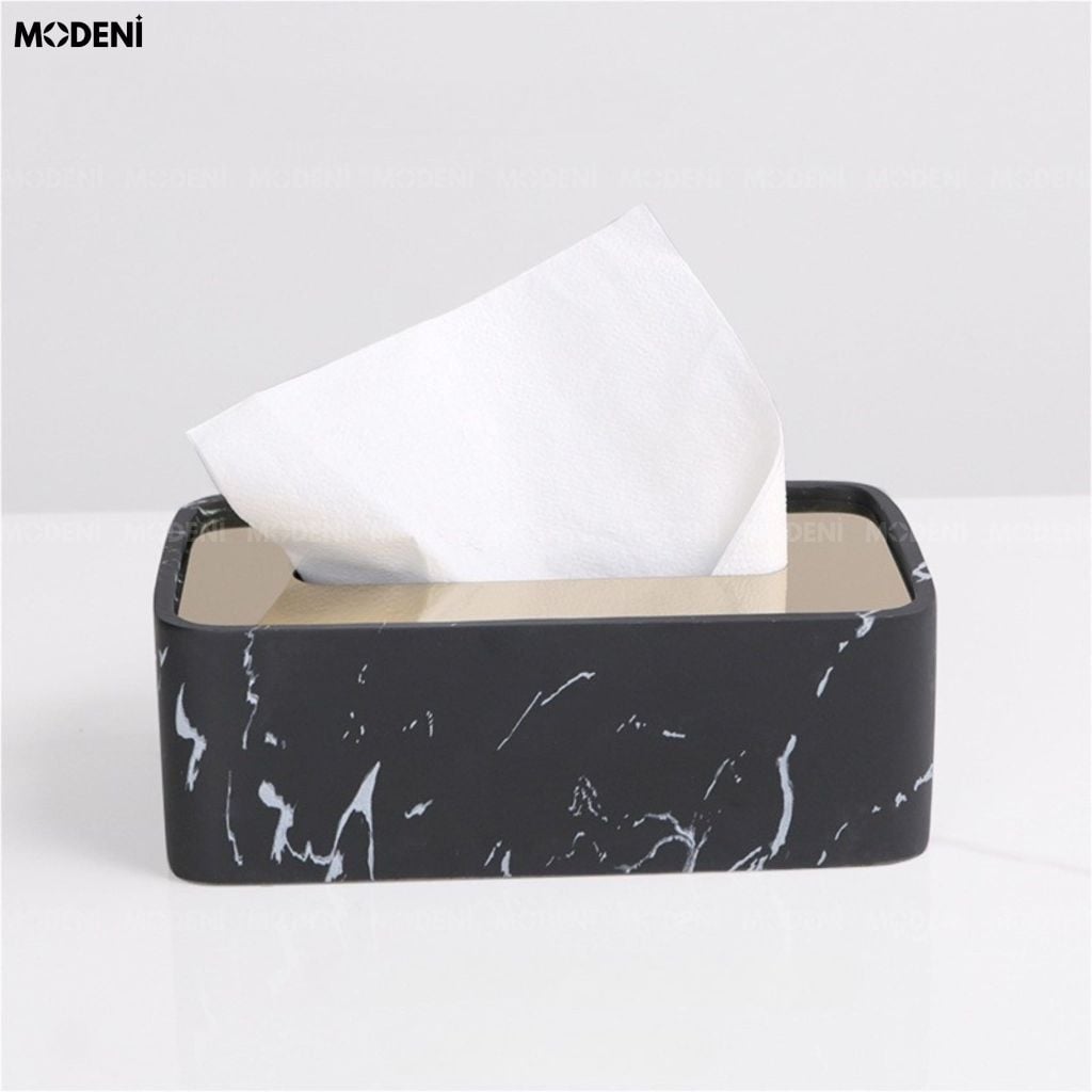 Hộp Khăn Giấy Nero Marquina Composite Vân Đá Đen Viền Vàng Sang Trọng