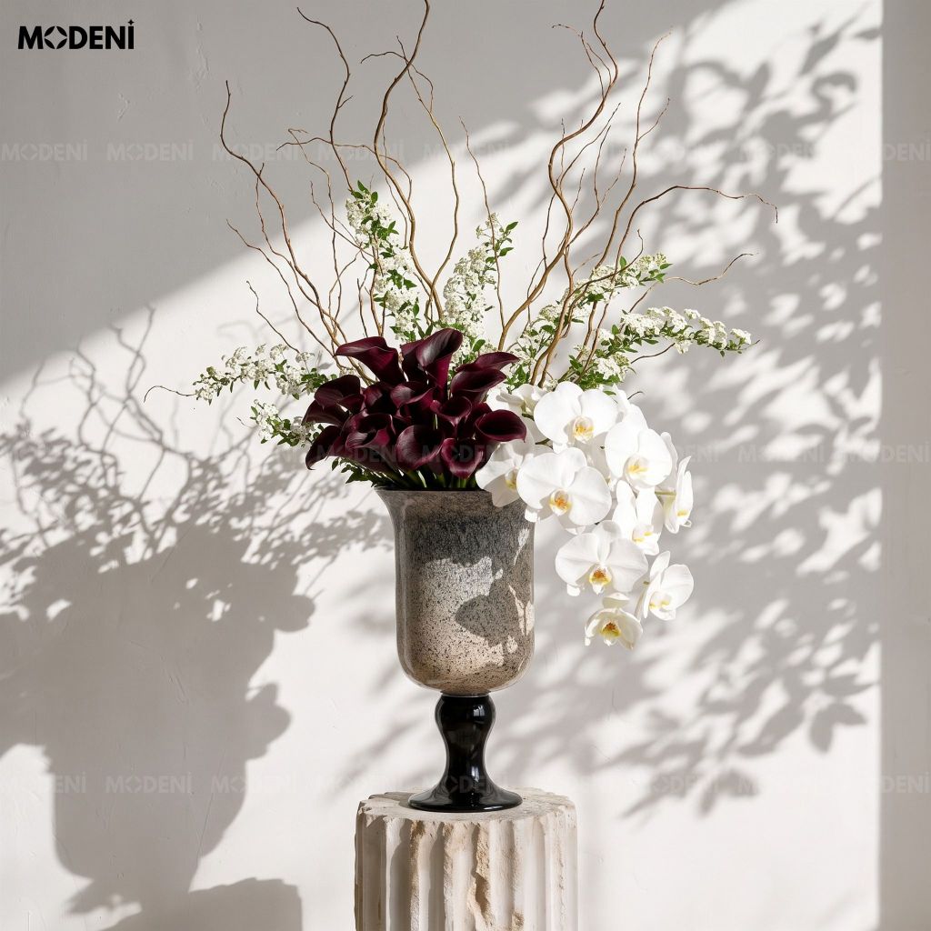 Bình Hoa Thủy Tinh Chalice Cao Cấp Nghệ Thuật – Tone Đá Tự Nhiên – Decor Bàn Console/Phòng Khách Sang Trọng