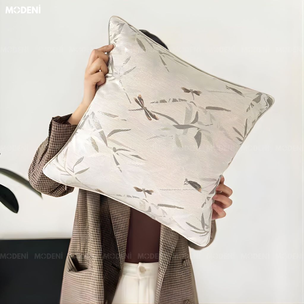 Vỏ Gối Sofa Halo – Vải Jackquard Phối Vải Nhung Họa Tiết Trúc Dệt Nổi Thêu Tay Hiện Đại