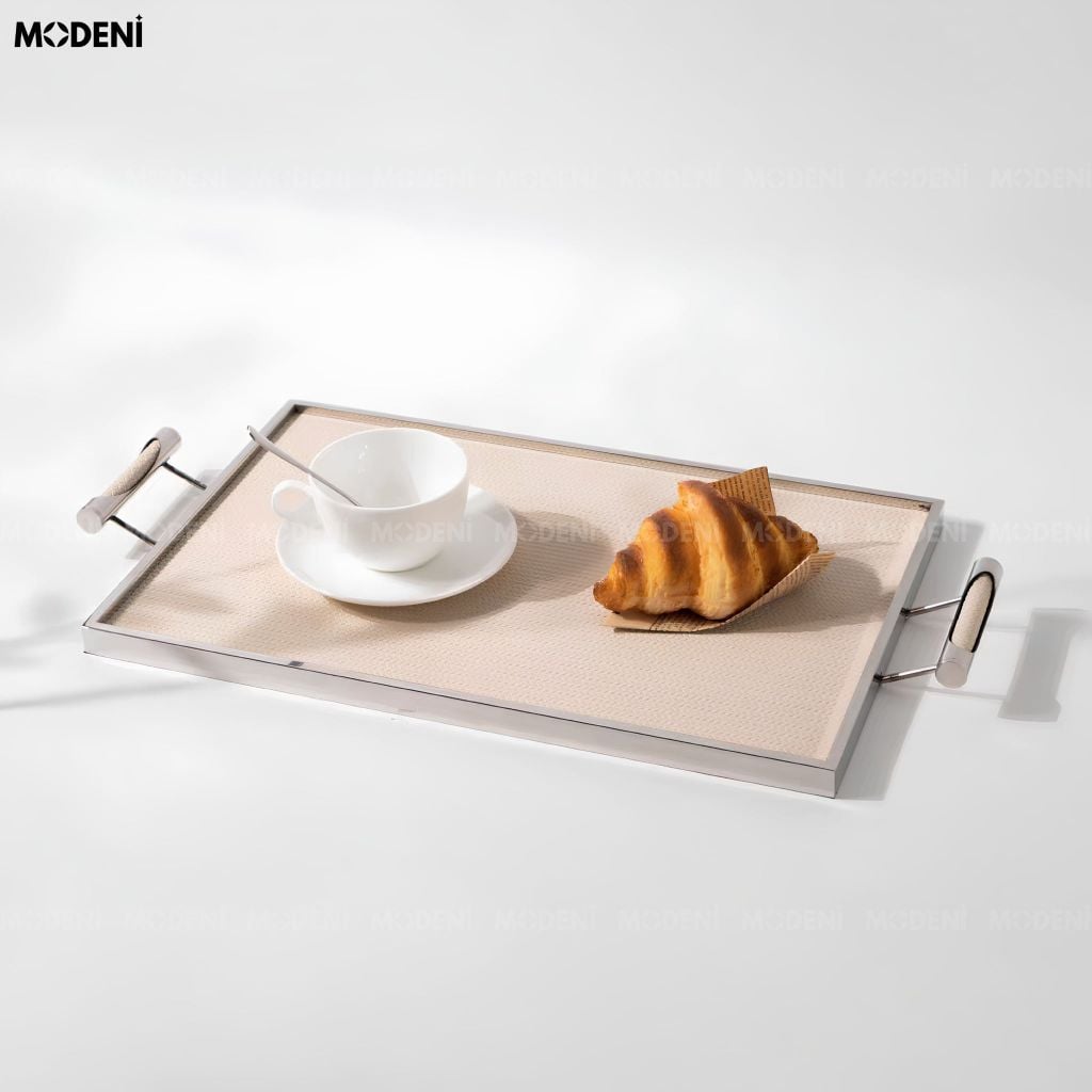 Khay Trang Trí Ivory Ellie Khung Hợp Kim Phối Da Màu Be Phong Cách Bắc Âu Elegance
