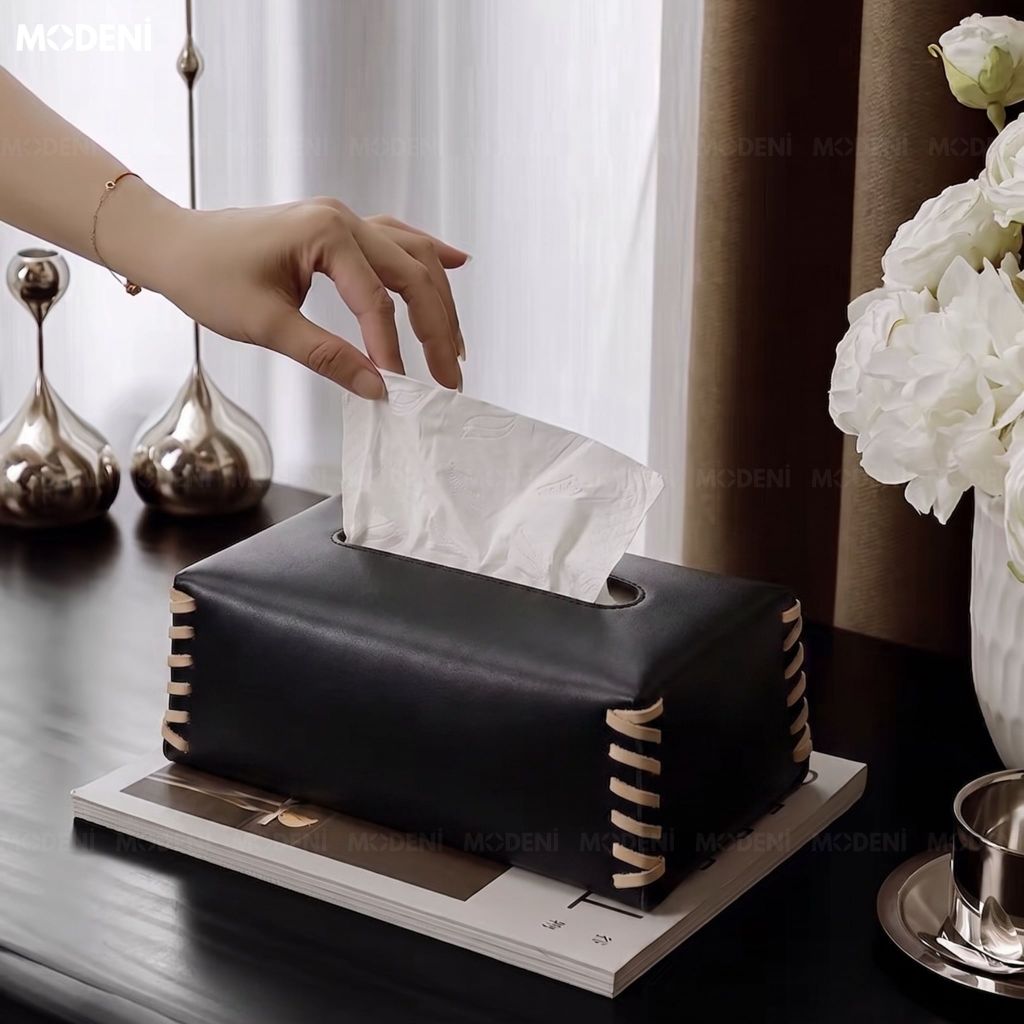 Hộp Khăn Giấy Nomi Đen Da PU Cao Cấp Khâu Tay Thủ Công Clean Style Đậm Chất Cá Nhân Cho Phòng Ngủ