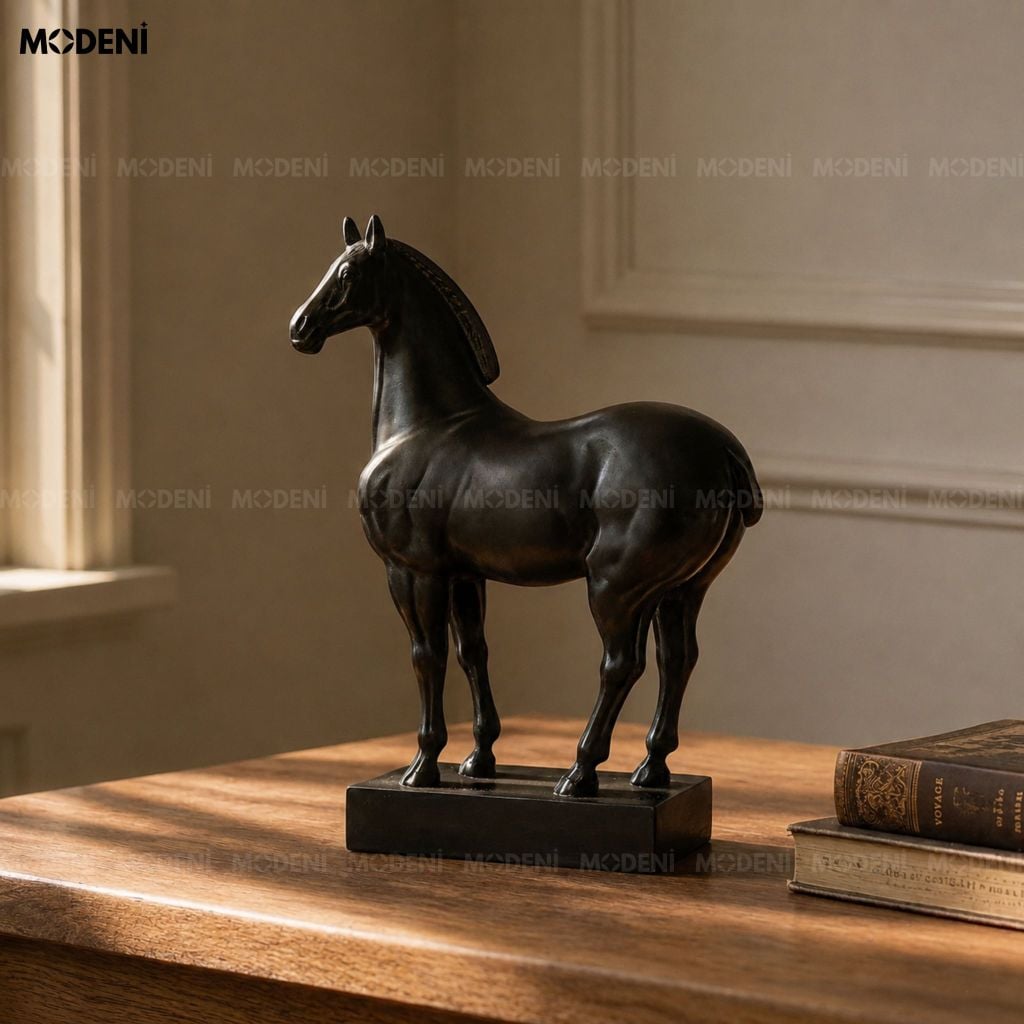 Tượng Trang Trí Pegasus Composite Hình Ngựa Chiến Đen Tuyền Phong Cách Cổ Điển