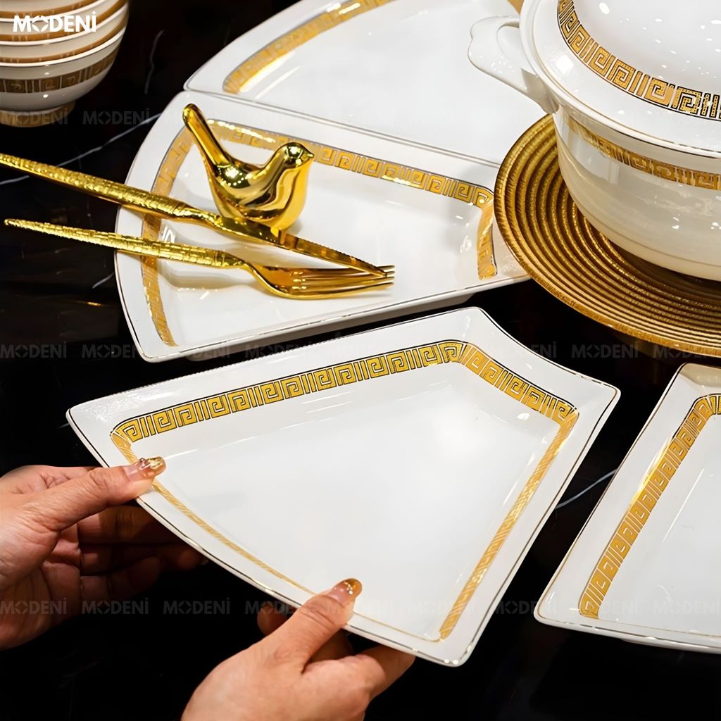 Bộ Chén Đĩa Tròn Sứ Xương Trevi Cao Cấp – Viền Vàng Hoàng Kim Tinh Xảo, Nghệ Thuật Hoàng Gia Cho Bàn Tiệc Sang Trọng