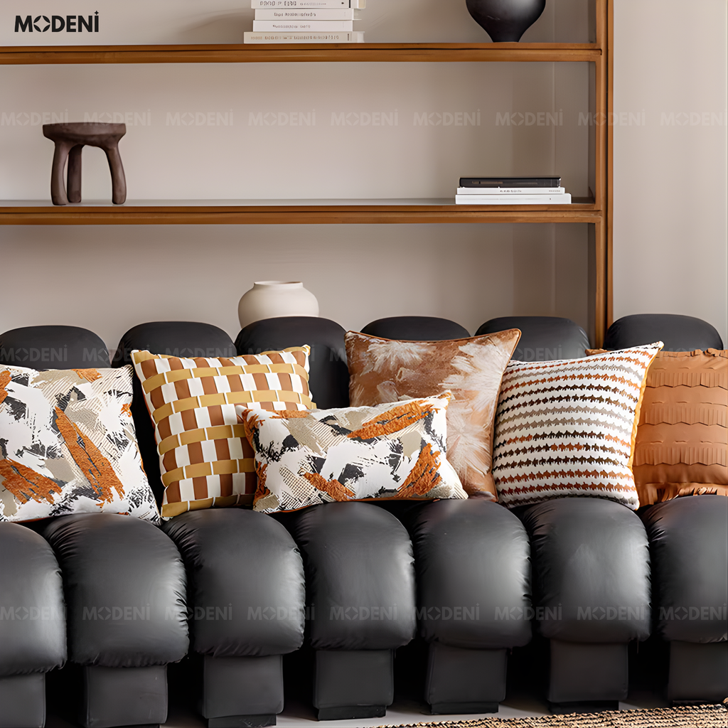 Vỏ Gối Sofa Woven – Da Microfiber Kết Hợp Vải Nhung Họa Tiết Caro Đa Lớp Đan Tay Hiện Đại