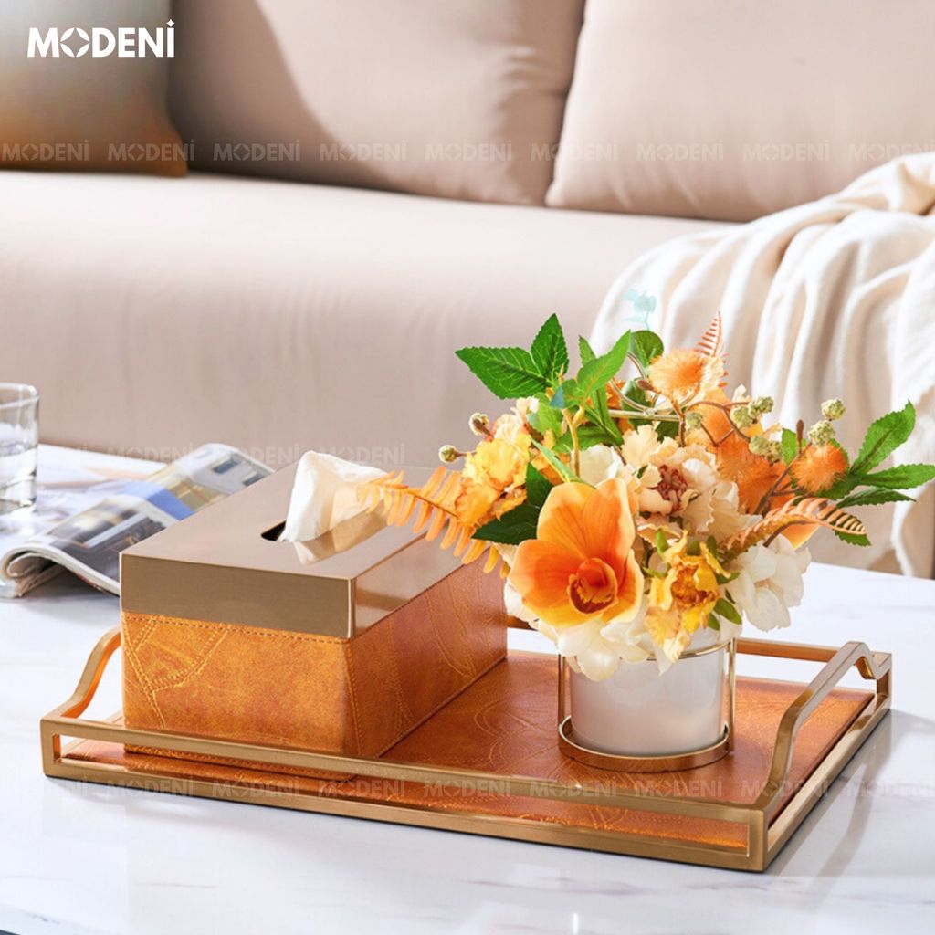 Khay Tangeri – Khay Decor Da Cao Cấp – Gam Cam Tangerine Ấm Áp, Tay Cầm Kim Loại, Trang Trí Bàn Sofa, Phòng Khách Hiện Đại