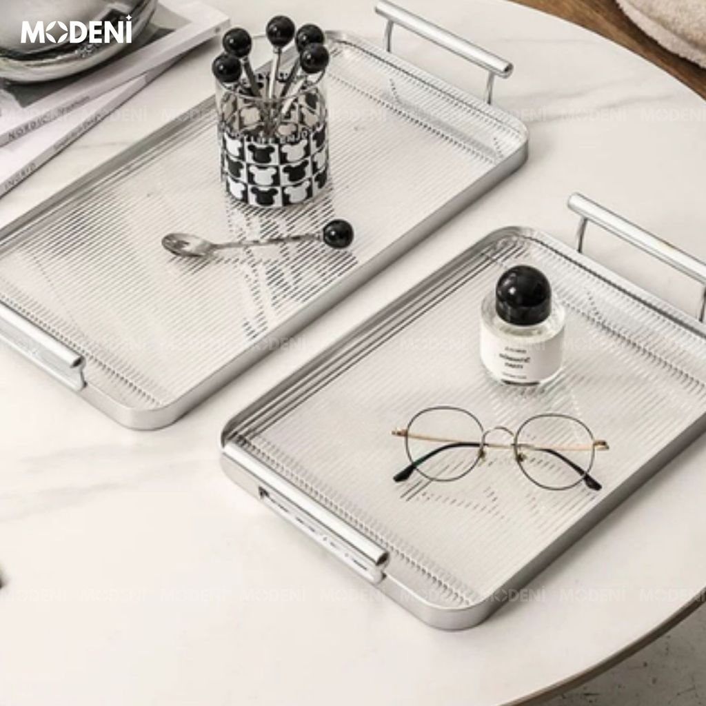 Khay Oriana Silver – Khay Decor Bắc Âu Sang Trọng – Tay Cầm Vàng Tinh Tế, Đựng Bánh Kẹo, Đồ Uống