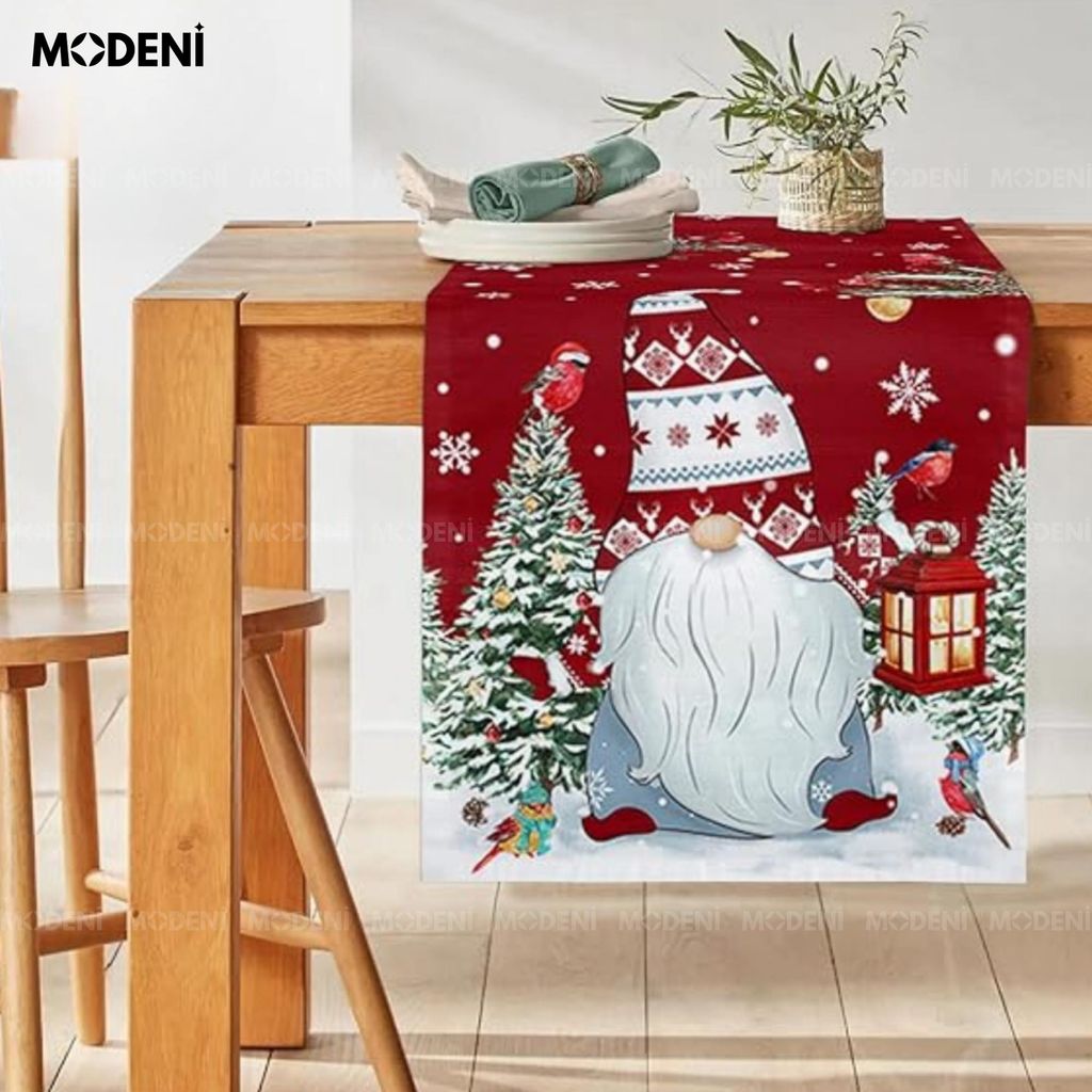 Khăn Table Runner Christmas Mr.Claus Red – Santa & Forest Scene, Dài 3m, Decor Giáng Sinh Ấm Cúng