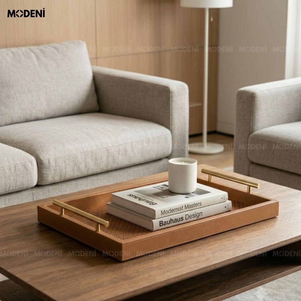Khay Trang Trí Maroni Nâu Bọc Da PU Cao Cấp Tay Cầm Mạ Vàng Sang Trọng Cho Bàn Sofa