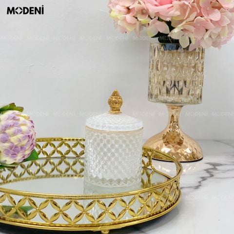 khay leona tròn mặt gương vàng decor bàn console sang trọng