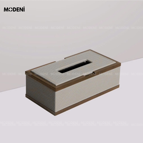 Hộp khăn giấy Orna xám bằng gỗ phối da cao cấp đặt trên bàn làm việc phong cách Japandi