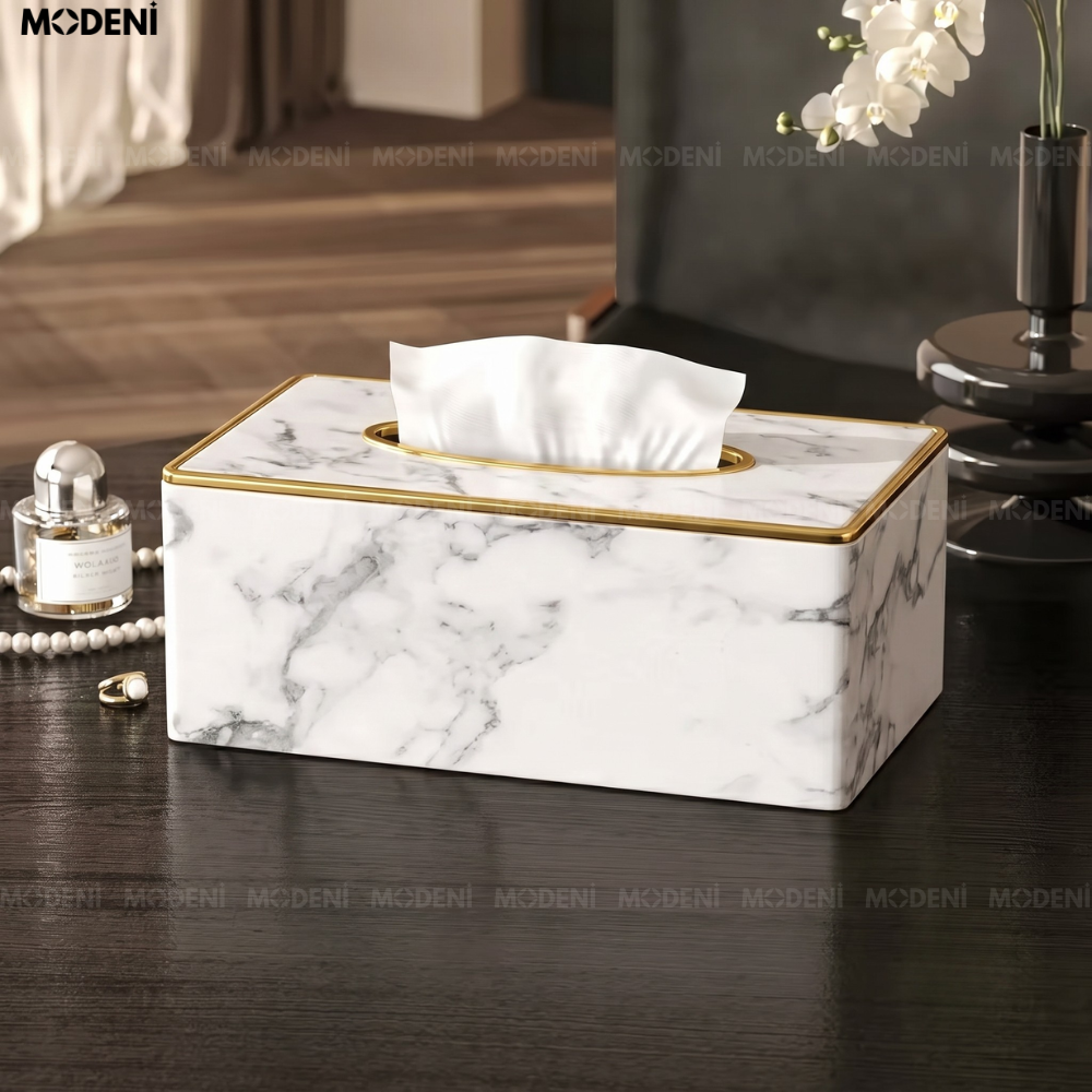 Hộp Khăn Giấy Sapi Trắng Vân Đá Da PU Cao Cấp Hiện Đại Cho Phòng Khách Và Văn Phòng