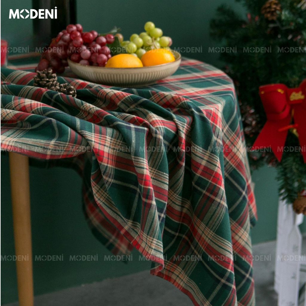 Khăn Trải Bàn Caro Retro Xanh Cao Cấp – Vải Dày Chống Nhăn – Tăng Vibe Ấm Cúng Cho Tiệc Tối, Noel, Decor Quán Café