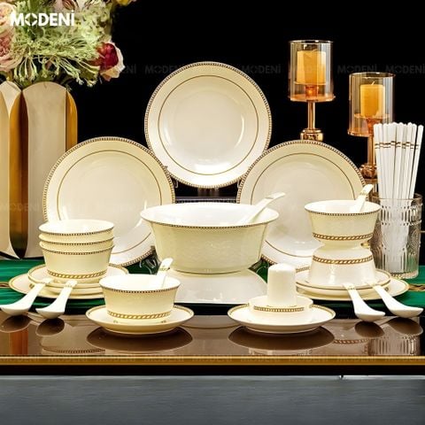  Bộ Chén Đĩa Sứ Xương Cao Cấp Valeria Gold – Họa Tiết Khắc Nổi Sang Trọng Phối Viền Vàng Kim Thanh Lịch, Tinh Hoa Nghệ Thuật Bàn Tiệc Hiện Đại 