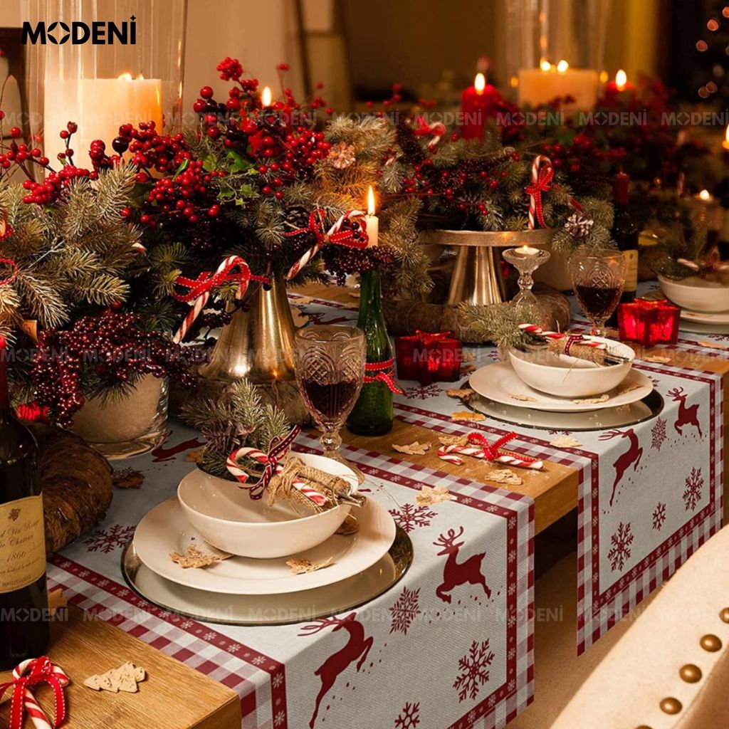 Khăn Trải Bàn Table Runner White Deer Cao Cấp – Trang Trí Giáng Sinh “Tuần Lộc Trên Tuyết” Nghệ Thuật – Table Runner Red Vintage