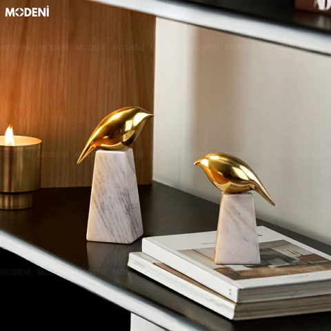  Tượng Aurora Chim Nghệ Thuật Cao Cấp – Ánh Kim Sang Trọng, Đế Đá Cẩm Thạch – Decor Bàn Console, Kệ Tủ, Không Gian Hiện Đại 
