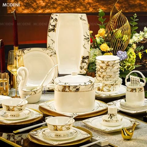  Bộ Chén Đĩa Sứ Xương Cao Cấp Marva – Họa Tiết Vân Đá Cẩm Thạch Phối Viền Vàng Kim, Biểu Tượng Của Sự Thanh Lịch Và Quyền Quý Trên Bàn Tiệc Sang Trọng 