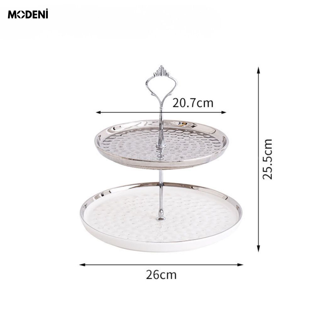 Khay 2 Tầng Ondine Sứ Tráng Men Phối Kim Loại Họa Tiết Vân Sóng Trắng Bạc Trưng Bày Bánh Ngọt Tiện Dụng Cho Tiệc Trà Chiều