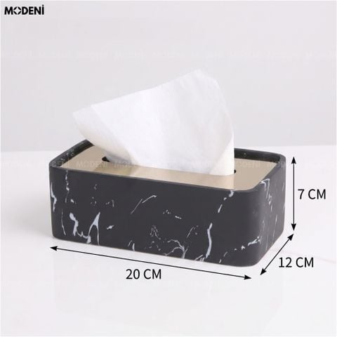 Góc chính diện Hộp Khăn Giấy Nero Marquina composite vân đá đen với nắp và viền kim loại màu vàng sáng bóng.