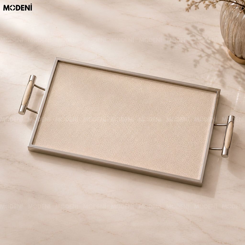 Khay Trang Trí Ivory Ellie Khung Hợp Kim Phối Da Màu Be Phong Cách Bắc Âu Elegance