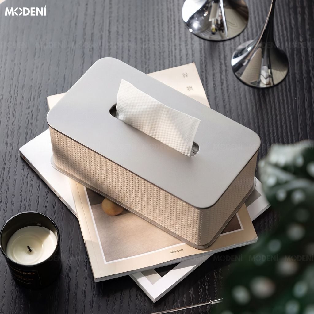 Hộp Khăn Giấy Keris White Chữ Nhật Da PU Cao Cấp Nắp Kim Loại Sang Trọng Cho Phòng Khách