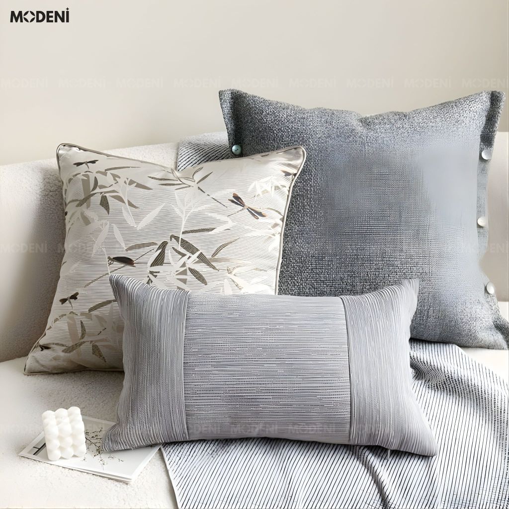Vỏ Gối Sofa Halo – Vải Jackquard Phối Vải Nhung Họa Tiết Trúc Dệt Nổi Thêu Tay Hiện Đại