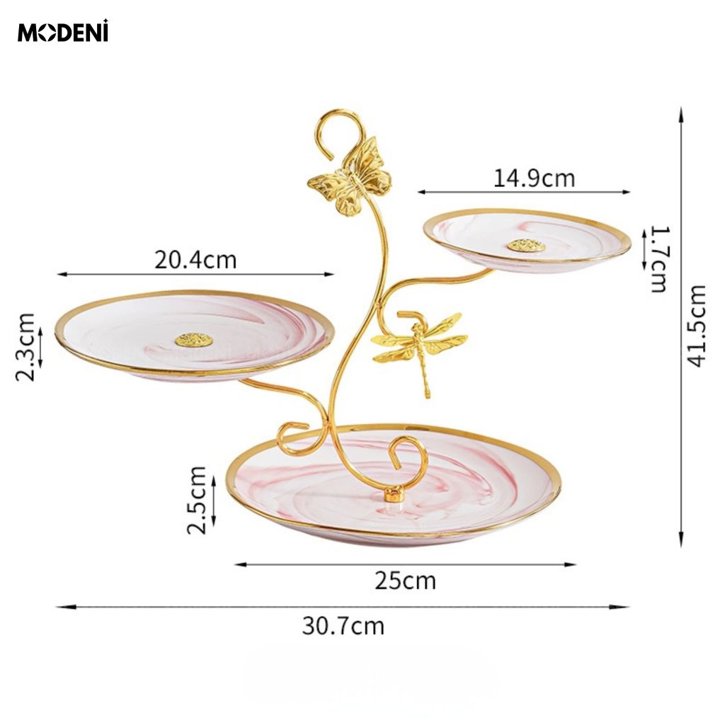Khay 3 Tầng Papillon Hồng Kim Loại Phối Sứ Phong Cách Châu Âu Khung Mạ Vàng Đính Bướm Cho Bàn Tiệc Trà
