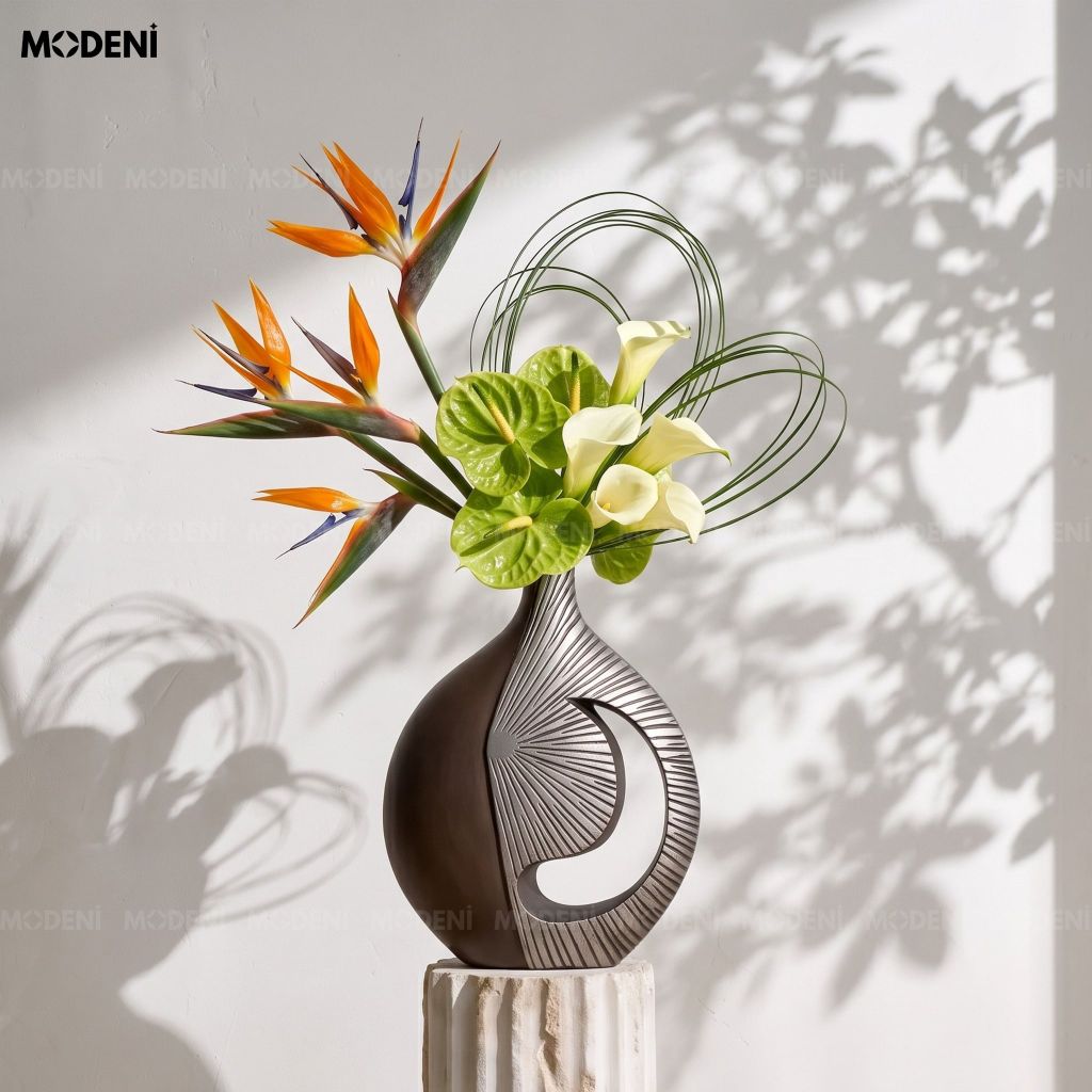 Bình Hoa Sứ Horizon Cao Cấp Hiện Đại Họa Tiết 3D | Tạo Hình Khối Ánh Kim Nghệ Thuật – Decor Bàn Console, Kệ Tủ Nổi Bật