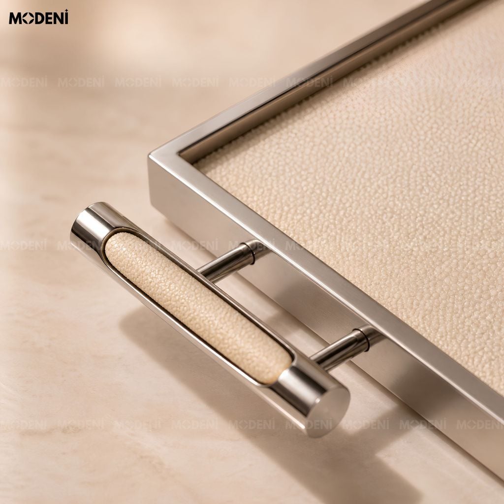 Khay Trang Trí Ivory Ellie Khung Hợp Kim Phối Da Màu Be Phong Cách Bắc Âu Elegance