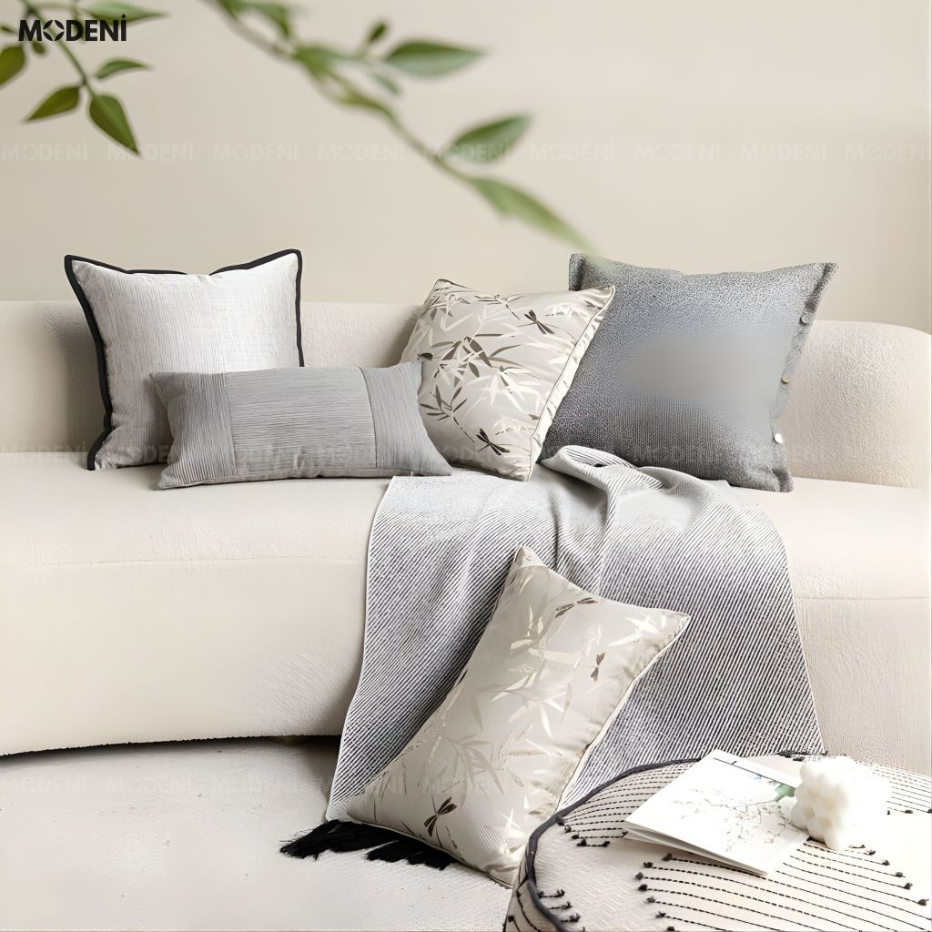 Vỏ Gối Sofa Halo – Vải Jackquard Phối Vải Nhung Họa Tiết Trúc Dệt Nổi Thêu Tay Hiện Đại