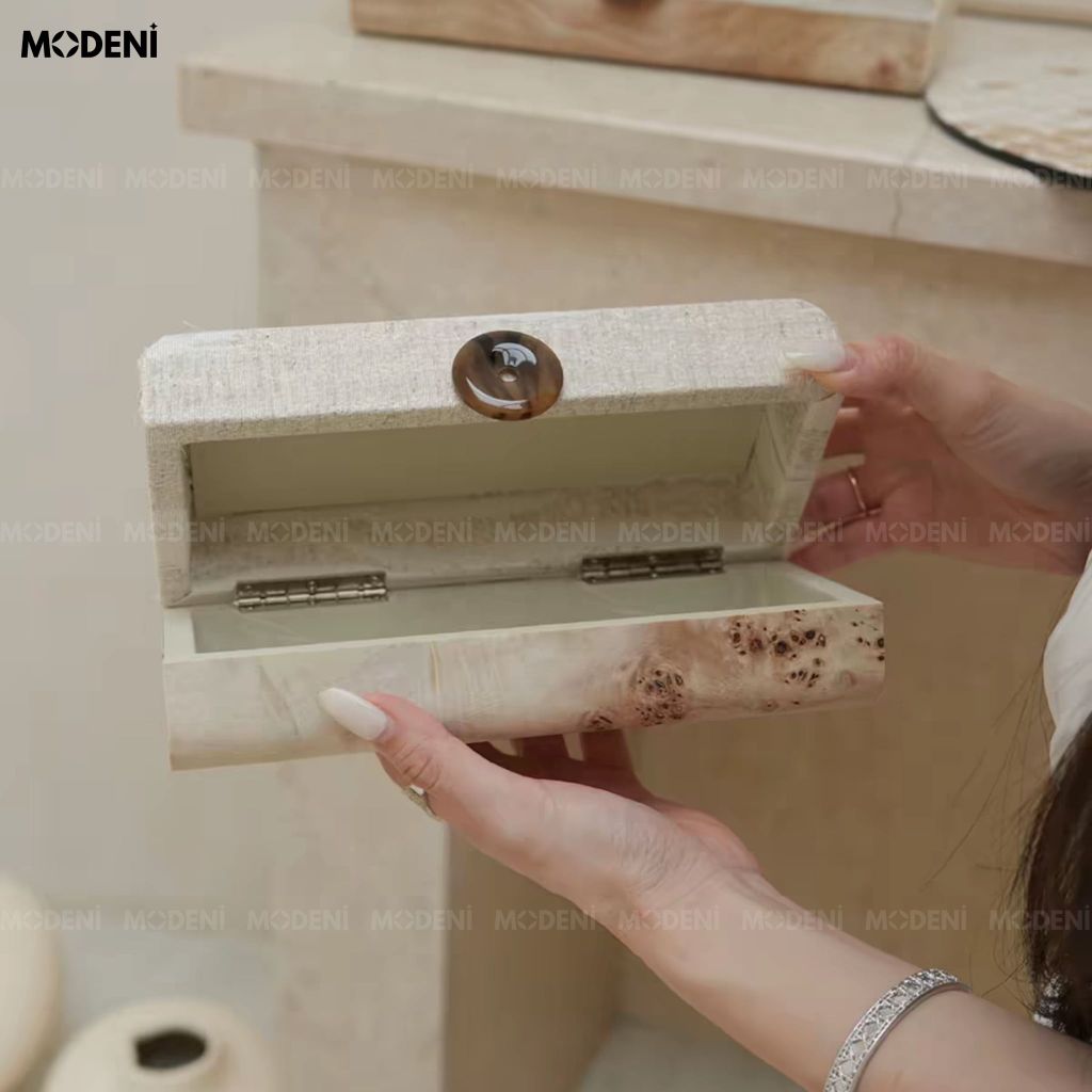 Set Hộp Trang Sức Sylva Gỗ Phối Vải Dệt Phong Cách Japandi Vân Gỗ Nu Sang Trọng Cho Bàn Trang Điểm