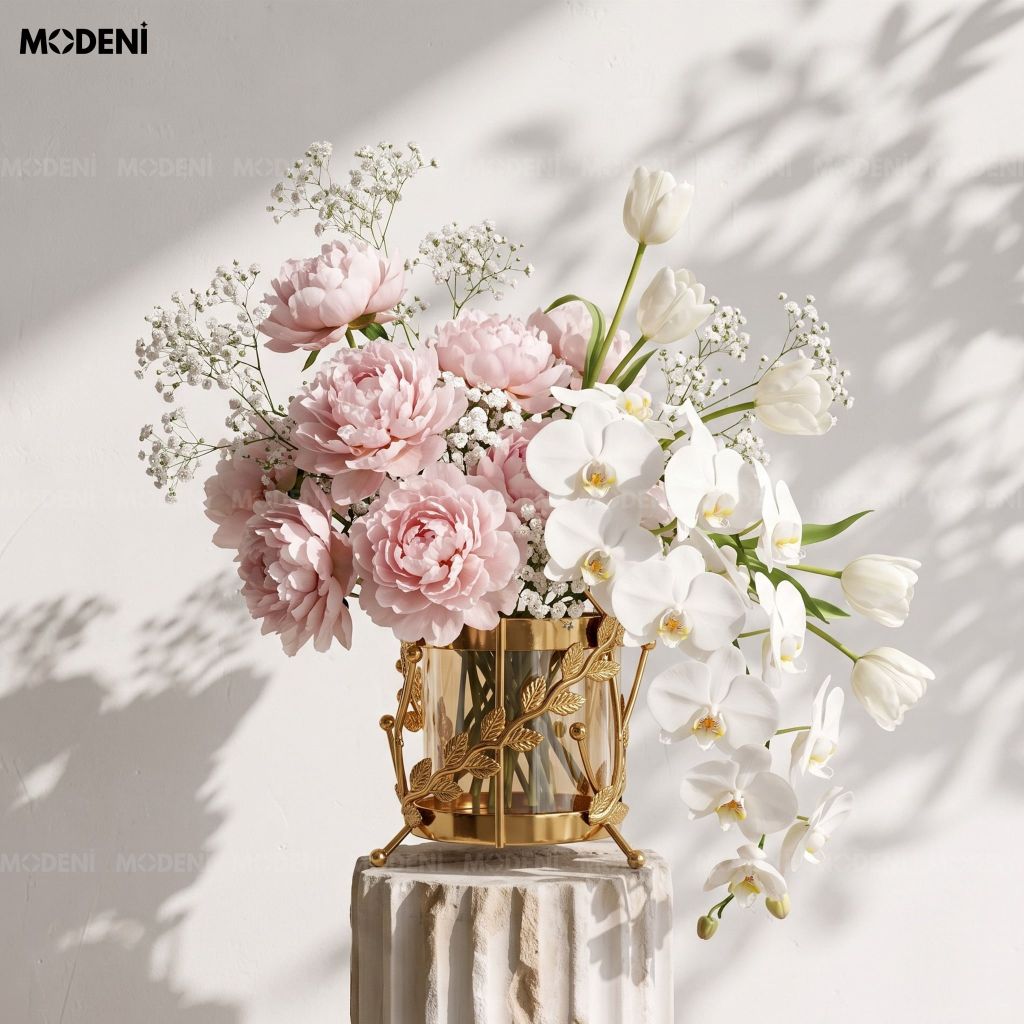 Bình Hoa Thủy Tinh Rosy Decor Sang Trọng – Phối Kim Loại Vàng – Kích Thước 20.5cm & 13cm