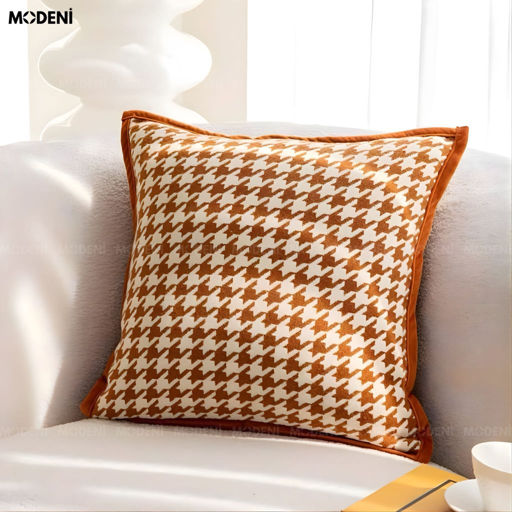 Vỏ Gối Sofa Driftmark – Vải Cashmere Phối Nhung Họa Tiết Caro Răng Sói May Dệt Retro