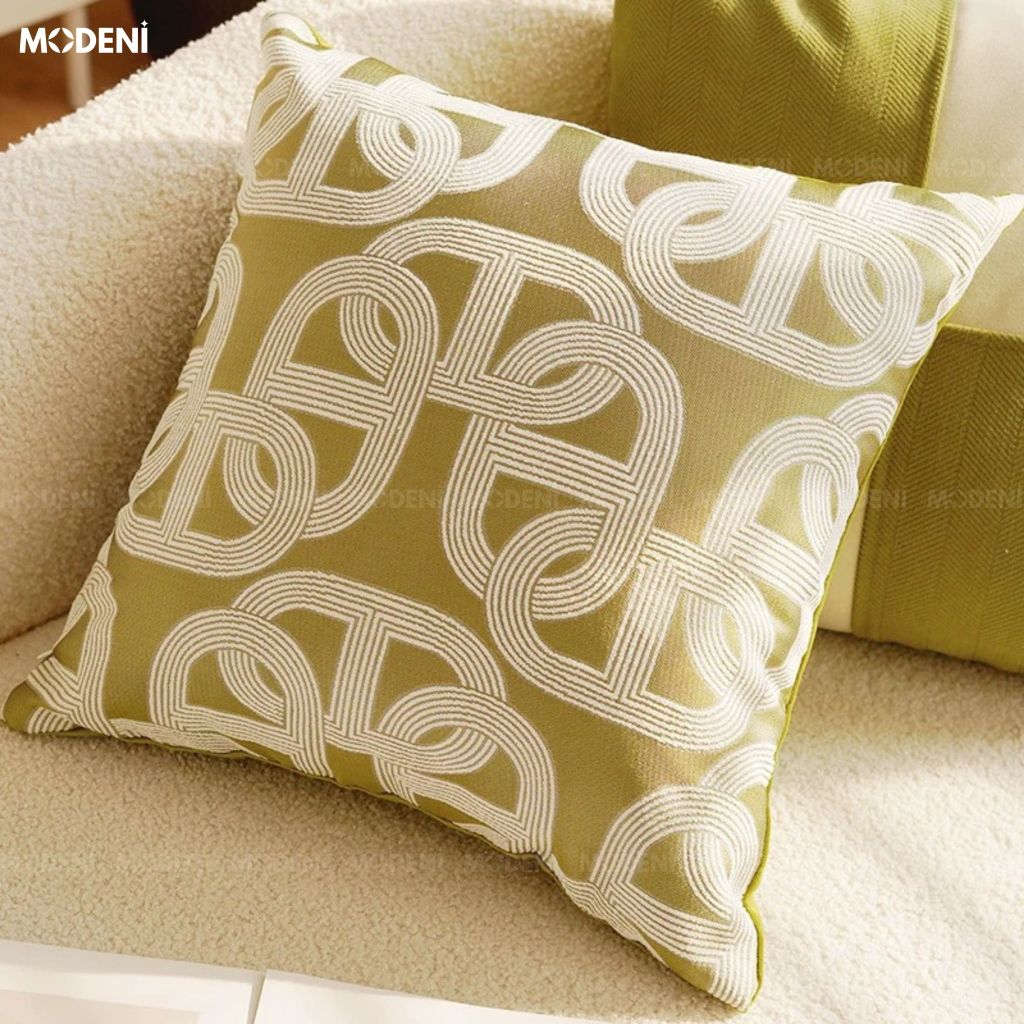 Vỏ Gối Sofa Tidal Xanh – Vải Jacquard Phối Cotton Linen Nút Dây Đan Bắc Â