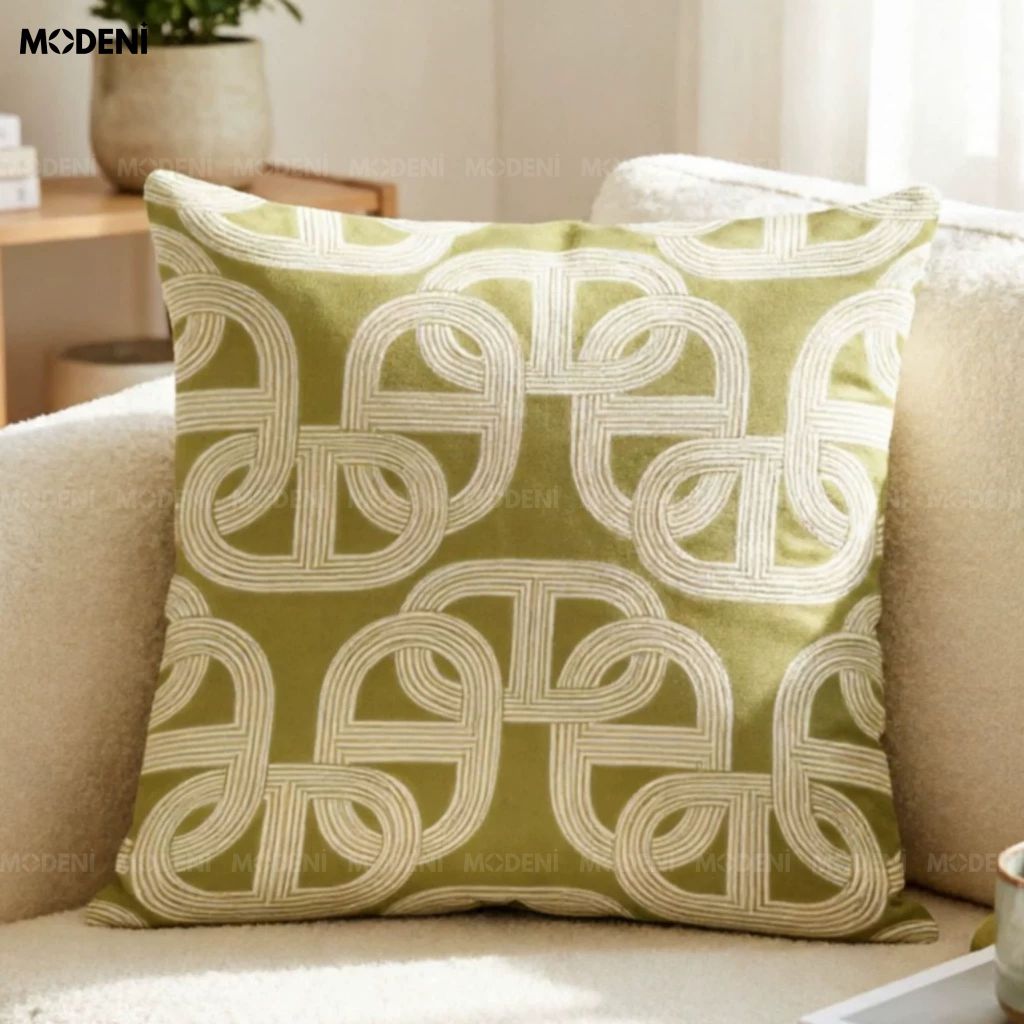 Vỏ Gối Sofa Tidal Xanh – Vải Jacquard Phối Cotton Linen Nút Dây Đan Bắc Â