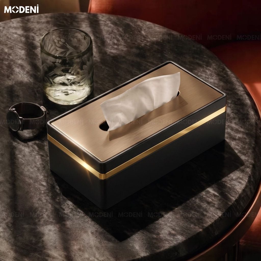 Hộp Khăn Giấy Misa Black Cao Cấp Nắp Kim Loại Mạ Vàng Phong Cách Hiện Đại Sang Trọng Tối Giản Cho Bàn Ăn