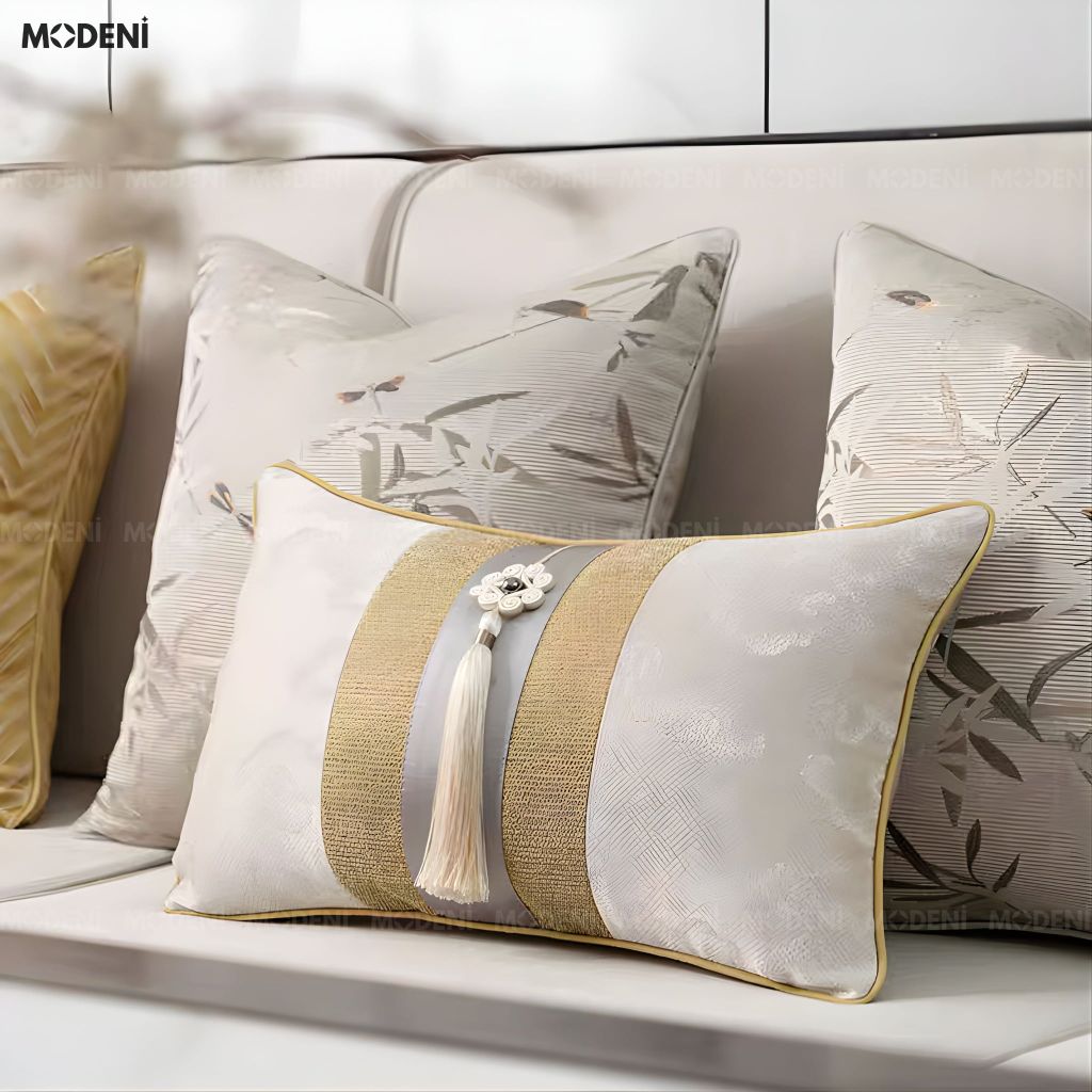 Vỏ Gối Sofa Halo – Vải Jackquard Phối Vải Nhung Họa Tiết Trúc Dệt Nổi Thêu Tay Hiện Đại