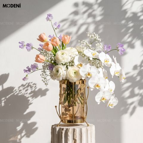  Bình Hoa Thủy Tinh Rosy Decor Sang Trọng – Phối Kim Loại Vàng – Kích Thước 20.5cm & 13cm 