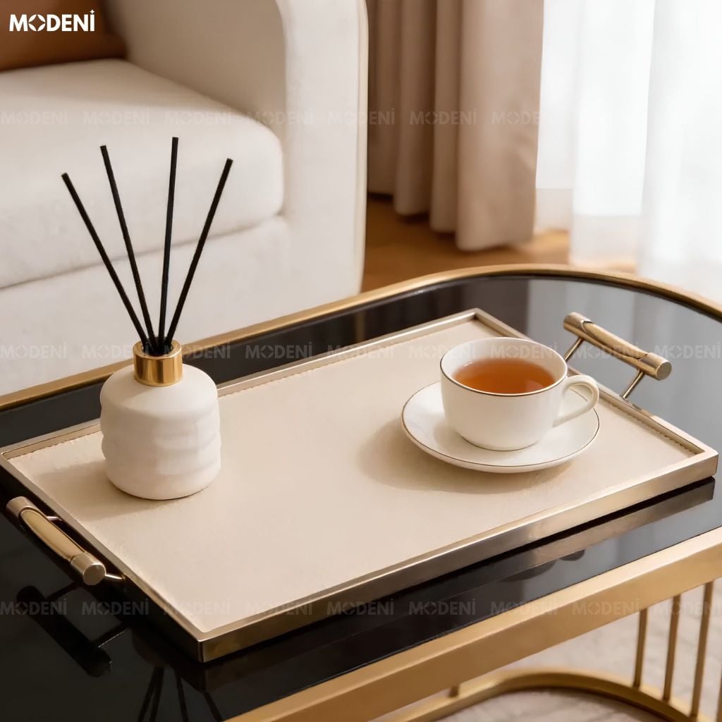 Khay Trang Trí Ivory Ellie Khung Hợp Kim Phối Da Màu Be Phong Cách Bắc Âu Elegance