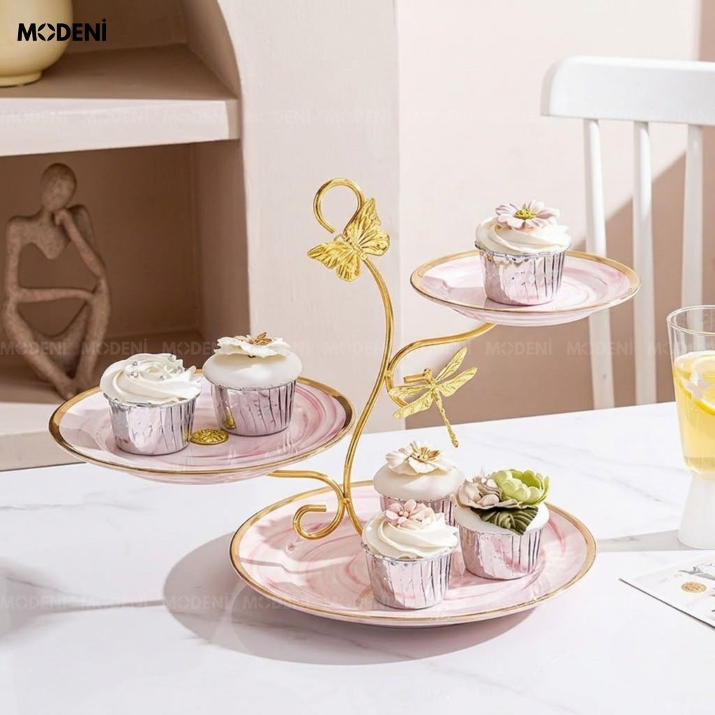 Khay 3 Tầng Papillon Hồng Kim Loại Phối Sứ Phong Cách Châu Âu Khung Mạ Vàng Đính Bướm Cho Bàn Tiệc Trà