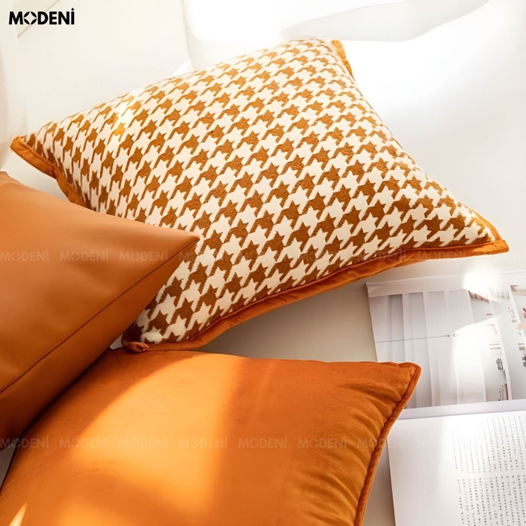 Vỏ Gối Sofa Driftmark – Vải Cashmere Phối Nhung Họa Tiết Caro Răng Sói May Dệt Retro