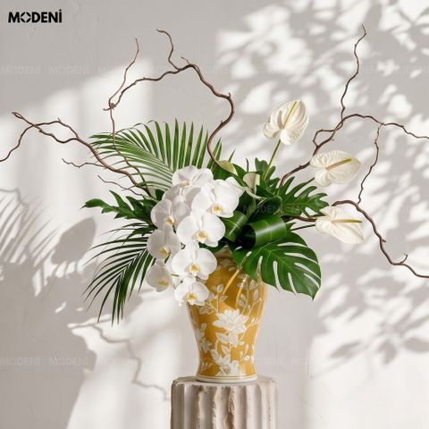  Bình Hoa Sứ Oriental Cao Cấp Men Vàng Hoa Văn Khắc Tay | Decor Bàn Console – Kệ Tủ Phong Cách Á Đông Cổ Điển 